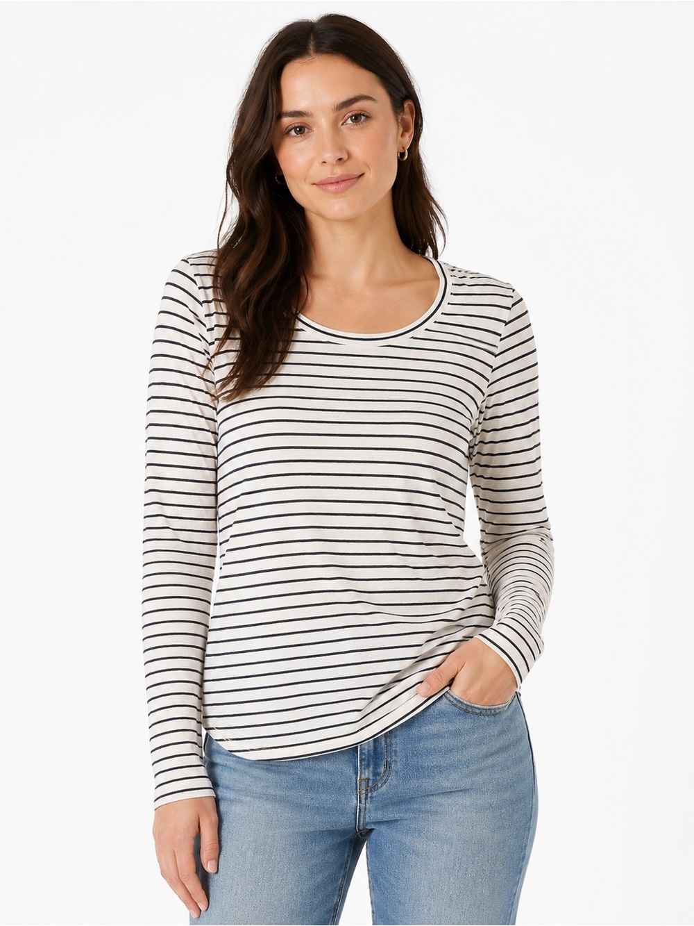 Pendleton Pima Cotton Striped Long Sleeve Top Large Cream Navy Classic